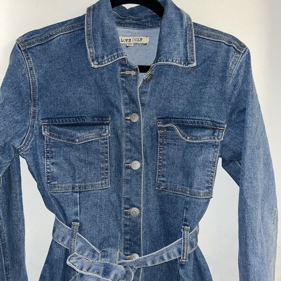 Love Cult Long Sleeve Button Down Belted Western Boho Denim Dress Size Large - Picture 4 of 9